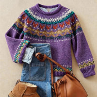 Retro Crew-Neck Knit Sweater From Europe And The US Casual Relaxed Fit Color-Block Long-Sleeve Pullover