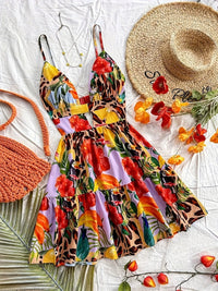 Printed Strap V Neck Hollow Out Backless Beach Dress