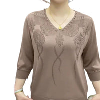 Fashion Ice Silk Sweater Three-quarter Sleeve Pullover Top For Women