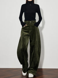 Womens Green Corduroy Casual Pants Wide-leg Style