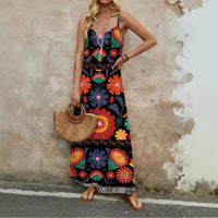 Womens Floral Print V-Neck Sleeveless Long Slip Dress