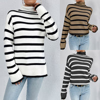 Women's Loose Contrast Color Striped Sweater Long-sleeved Top