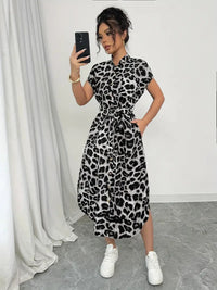 Leopard Print Front Button Shirt Belt Bow Shirt For Women