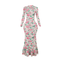 YJ24427 Elegant Long-Sleeved Slim-Fit Long Printed Dress