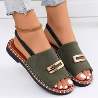 Womens Fabric Strap Flat Sandals With Elastic Band And Buckle