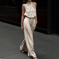 Womens Fashion Solid Color Turtleneck Sleeveless Top High-Waist Straight-Leg Wide-Leg Pants Set