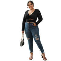 Women's Sexy V-neck High-end Black Long-sleeved Slim-fit Short Top