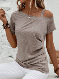 EMERY ROSE Asymmetrical Collar Button Detail T-Shirt