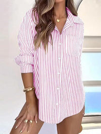 Women's Striped Button-down Casual Office Work Long-sleeve Shirt With Pockets