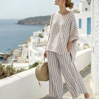Floral Striped Color-block Mid-sleeve Crewneck Top And Straight-leg Casual Suit