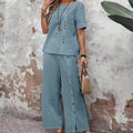 Two-piece Short-sleeve Button-up Top Loose-fit Womens Outfit