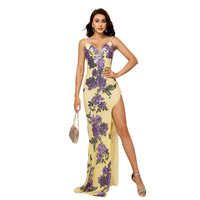 V-neck Brace Slim-fit Sheath Sequined Slit Evening Dress