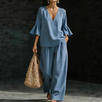 Womens V-neck Ruffle-Sleeve Top And Wide-Leg Pants Two-Piece Set