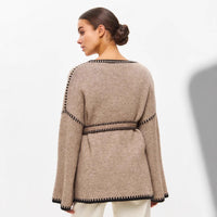 Lace-up Knitted Cardigan Loose Mid-length Sweater Coat