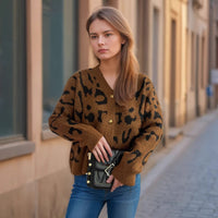 Women's Leopard Print Short Sweater V-neck Casual Knitted Cardigan Top