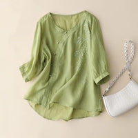 Plus Size Slimming Cotton And Linen Top With Buckle Loose Cotton-linen Shirt Women