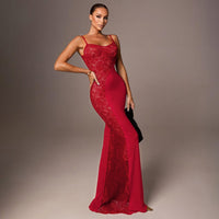 Solid-color Sleeveless Sexy Lace-spliced Slip Bodycon Maxi Dress