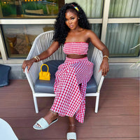 Sexy Bandeau Top And Long Skirt Set With Ruching Detail Plaid Pattern Two-Piece