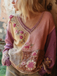 Relaxed Loose-fitting V-neck Pullover With Heavy-duty Print High-end Style