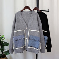 Denim Pocket Knitted Cardigan Loose Design Temperament Versatile Sweater Coat