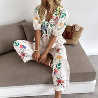 New Street-style Fashion V-neck Tie-front Short-sleeve Set With A Bold Print