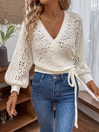 Solid Color And V-neck Lace-up Elegant Lantern Sleeve Long Sleeve