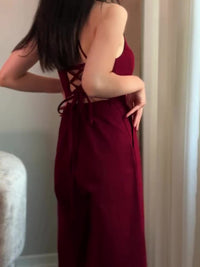 Burgundy Backless Lace-up Sleeveless Jumpsuit