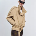 Double-breasted Belted Short Trench Coat With A Stand-up Collar