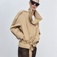 Double-breasted Belted Short Trench Coat With A Stand-up Collar