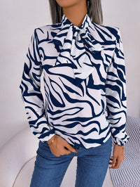Women's Elegant Color Block Stripe Tie Waist Lantern Sleeve Chiffon Top