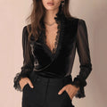 Retro Sophisticated And Subtly Alluring Lace-and-velvet Patchwork Bodycon Top