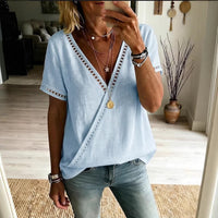 Casual Patchwork Hollow-Out Lace V-Neck Short-Sleeve Top