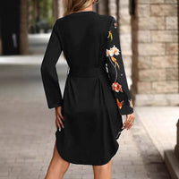 Fashionable V-Neck Floral Print Long-Sleeve Lace-Up Dress