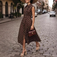 Sleeveless Retro Polka-Dot Collar Fake Button Lace-Up Womens Dress