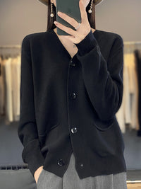 V-neck Solid Color Double Pocket Buckle 100 Cotton Thread Long Sleeve Lazy And Loose Casual Spring Knitted Cardigan For Women
