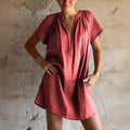 Casual Short-Sleeve V-Neck Pleated Multi-Colored Straight Dress For Women