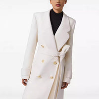 Elegant Double Breasted Lace Up Slim Fit Extended Women's White Back Slit Overcoat Coat