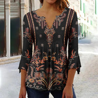 Women's Floral Printed 34 Sleeves V-neck Buttons Shirt