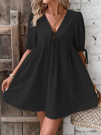 Loose-fit Woven Deep V-neck Designer Tie-front A-line Dress