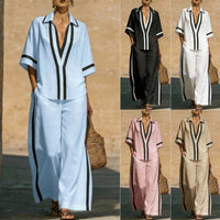 Color Block Short Sleeve Top And Wide Leg Pants Two Piece Set - Casual Summer Loose Fit Matching Outfit For Women Daily Wear