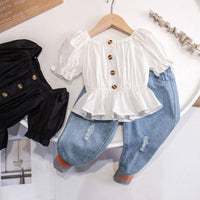 Girls' One-shoulder Puff Sleeve Top Korean Style