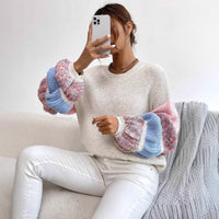 Sweater Women's Round Neck Pullover Contrast Color Puff Sleeve
