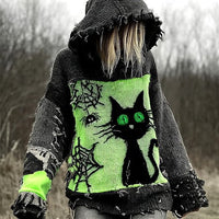 Drop-Shoulder Vintage Womens Printed Loose Hooded Top