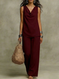 Womens Slash-Neck Sleeveless Tank Top And Casual Pants Set