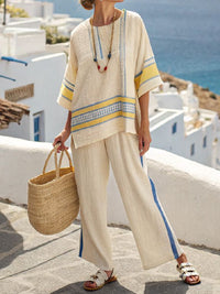 Summer Striped Suits Loose Batwing Sleeve T-shirt And Solid Straight-leg Pants