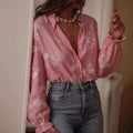 Long Sleeve Printed Top Lapel Lantern Sleeve Shirt