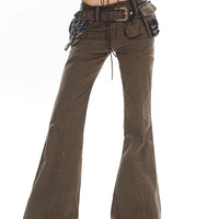 Black Weila Slimming Washed Denim Army Green Design Sense Bell-bottom Pants