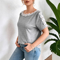 Casual Lace Solid Color Loose Crew Neck Womens T-Shirt