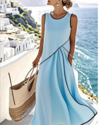 Euro-American Style Crew-Neck Sleeveless Contrasting-Color Loose Slimming Cross-Over Dress