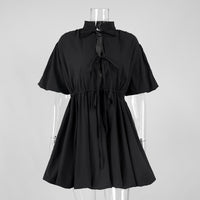 Stand-collar Sweet Lace-up Pleated Waist-cinched A-line Dress